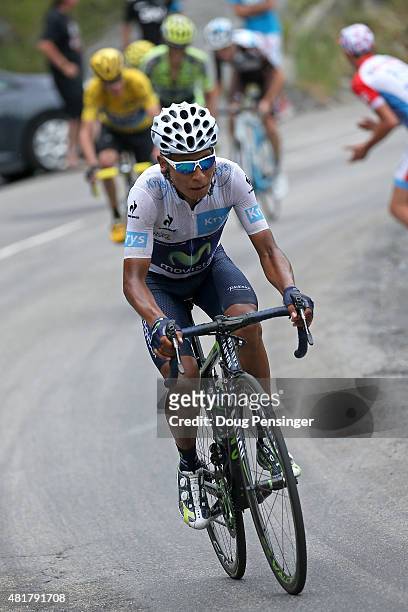 Nairo Quintana of Colombia riding for Movistar Team attacks the yellow jersey of Chris Froome of Great Britain riding for Team Sky in the climb to...