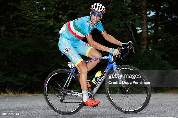 Vincenzo Nibali of Italy riding for Astana Pro Team makes the climb to the finish and victory in stage 19 of the 2015 Tour de France from...