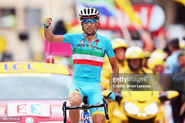 Vincenzo Nibali of Italy and Astana Pro Cycling celebrates winning stage nineteen of the 2015 Tour de France, a 138km stage between...