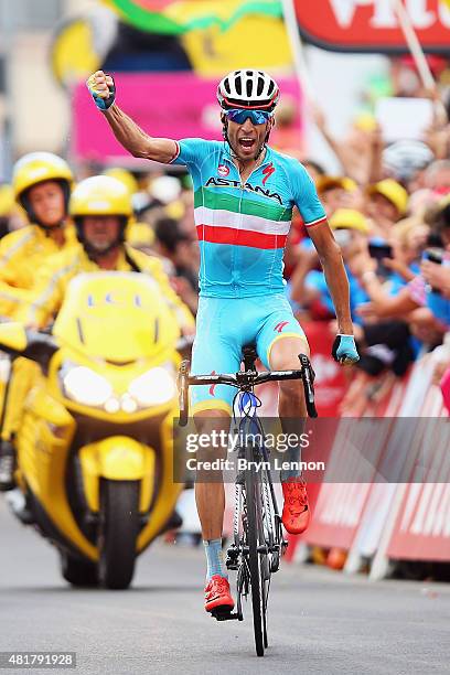 Vincenzo Nibali of Italy and Astana Pro Cycling celebrates winning stage nineteen of the 2015 Tour de France, a 138km stage between...