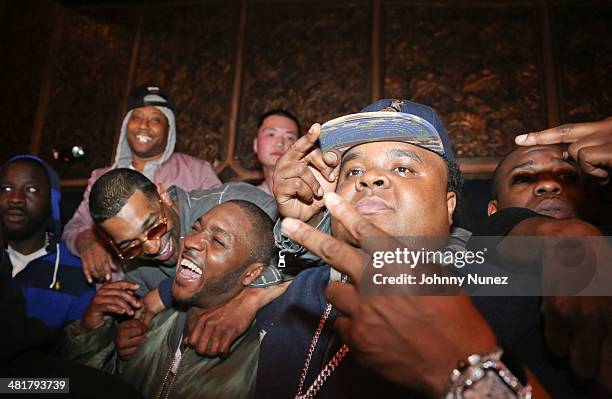 Maino, Chi Ali, Uncle Murda, Fred The Godson and Lil Cease attend the Rhymes Over Beats Hip Hop Launch at The Griffin on March 31, 2014 in New York...