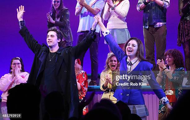 Ryan McCarten and Barrett Wilbert Weed, and cast attend curtain call at the off Broadway opening night of "Heathers The Musical" at New World Stages...