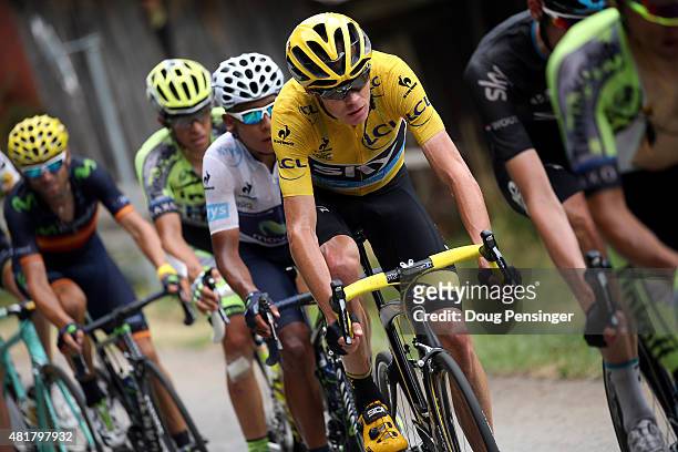 Chris Froome of Great Britain riding for Team Sky in the overall race leader yellow jersey is followed by Nairo Quintana of Colombia riding for...