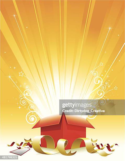 gift box surprise with ribbon and tag - exploding box stock illustrations