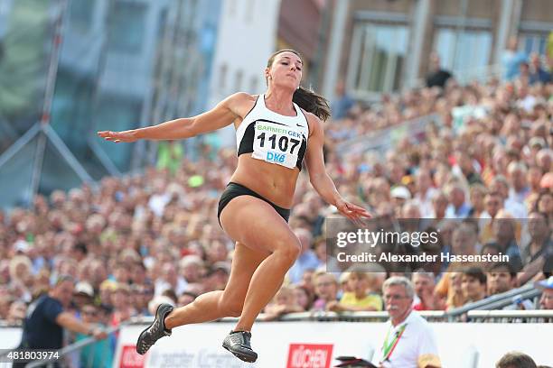 Lena Malkus of Preussen Muenster competes in the womens long jump finale at Hauptmarkt Nuremberg during day 1 of the German Championships in...