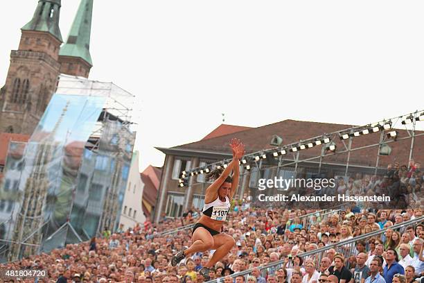 Lena Malkus of Preussen Muenster competes in the womens long jump finale at Hauptmarkt Nuremberg during day 1 of the German Championships in...