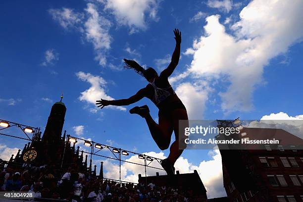 Lena Malkus of Preussen Muenster wins the womens long jump finale at Hauptmarkt Nuremberg during day 1 of the German Championships in Athletics on...