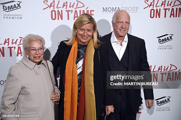 Monique Bouygues , widow of French businessman Francis Bouygues, poses with her daughter Corinne Bouygues and her daughter's husband Italian film...