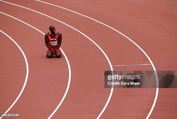 Mikel Thomas of Trinidad and Tobago reacts after winning the silver medal in the 110 meter hurdles final during Day 14 of the Toronto 2015 Pan Am...