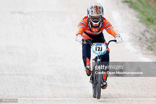 Raymon Van Der Biezen of Netherlands competes in the Elite Men Time Trial Race during day 4 of the UCI BMX World Championships at on July 24, 2015 in...