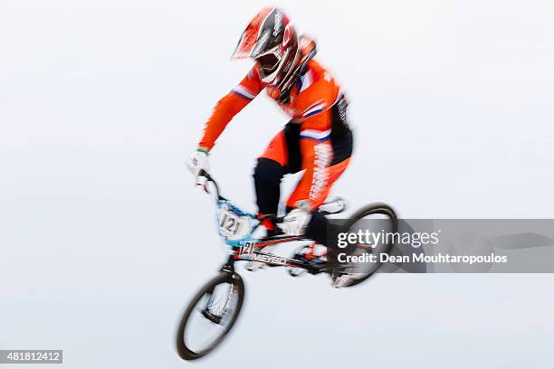 Raymon Van Der Biezen of Netherlands competes in the Elite Men Qualification Time Trial during day 4 of the UCI BMX World Championships at on July...