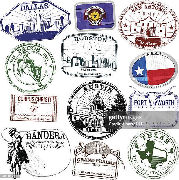 stockillustraties, clipart, cartoons en iconen met retro texas stamps - grand prairie texas