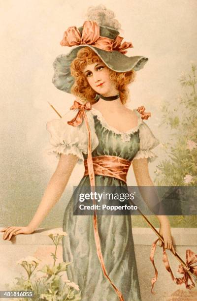 Vintage postcard featuring a fashionable young lady with a decorative hat leaning against a wall in a garden, published in Leipzig, circa 1890.