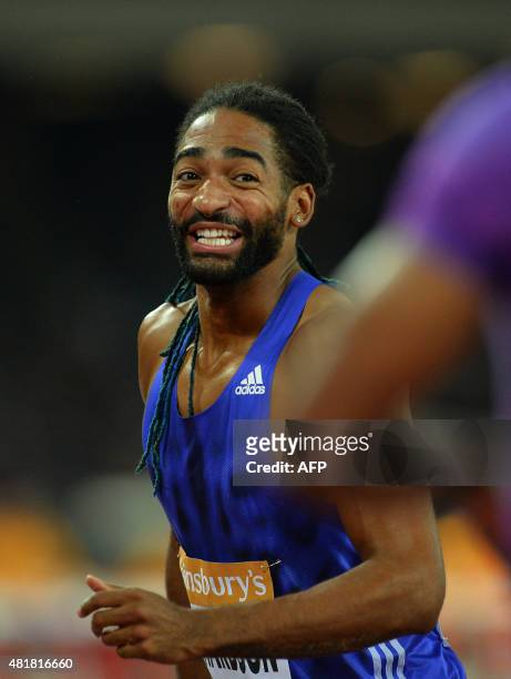 Jason Richardson reacts after winning the 110m hurdles FInal event during the IAAF Diamond League Anniversary Games athletics meeting at the Queen...