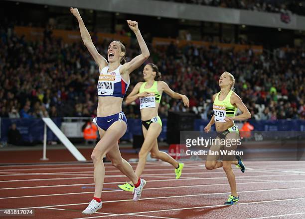 Laura Weightman of Great Britain celebrates winning the Womens 1500m during day one of the Sainsbury's Anniversary Games at The Stadium - Queen...