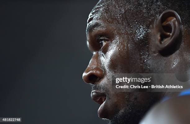 Usain Bolt of Jamaica looks sweaty after he wins the Mens 100m during Day 1 of the Sainsbury's Anniversary Games Diamond League event at The Stadium...