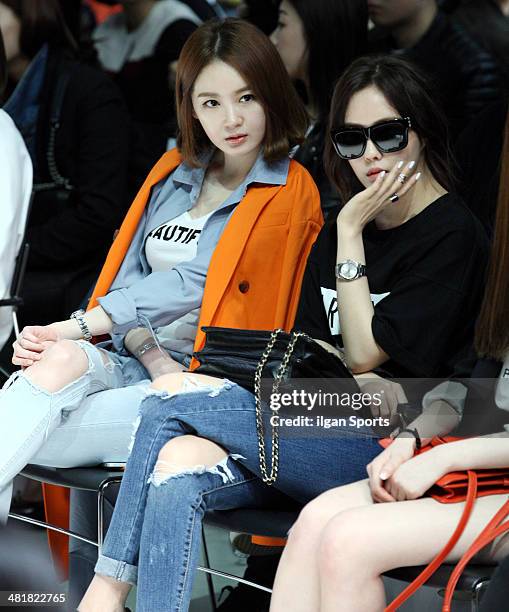 Kang Min-Kyung and Hyo-Min of T-ara attend the 2014 F/W Seoul Fashion Week 'Song Ja-In fashion show' at DDP on March 25, 2014 in Seoul, South Korea.