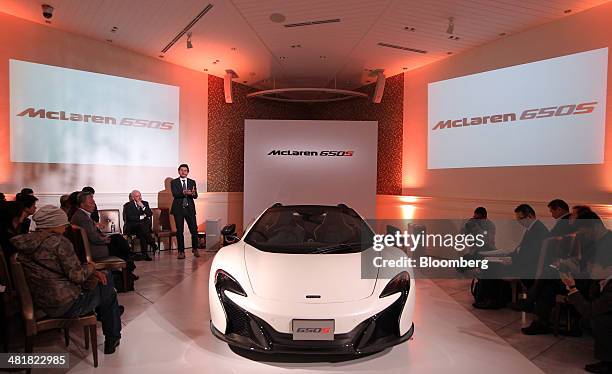 The McLaren Automotive Ltd. McLaren 650S is displayed during a news conference in Tokyo, Japan, on Tuesday, April 1, 2014. McLaren, the carmaker...