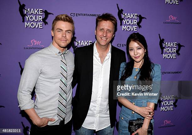 Actor Derek Hough, writer/director Duane Adler and actress BoA arrive at a screening of "Make Your Move" at The Pacific Theatre at The Grove on March...