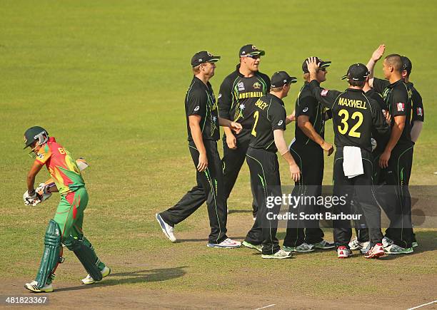 Anamul Haque of Bangladesh leaves the field after being dismissed by Nathan Coulter-Nile of Australia during the ICC World Twenty20 Bangladesh 2014...