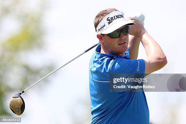 Charlie Beljan plays his shot from the 18th tee during round two of the RBC Canadian Open on July 24, 2015 at Glen Abbey Golf Club in Oakville,...