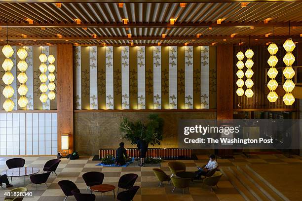 The main lobby of the entrance hall of Hotel Okura in Tokyo, Japan on January 23, 2015.