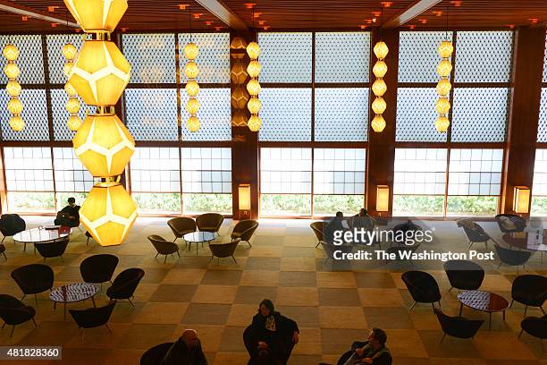 The main lobby of the entrance hall of Hotel Okura in Tokyo, Japan on January 23, 2015.