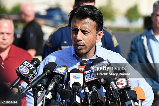 Louisiana Governor Bobby Jindal speaks with the media in front of the Grand Theatre on July 24, 2015 in Lafayette, Louisiana. Two people were killed...