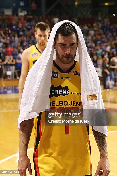 Nate Tomlinson of the Tigers leaves the court after game three of the NBL Semi Final series between the Adelaide 36ers and the Melbourne Tigers at...