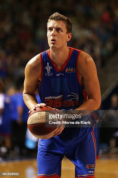 Daniel Johnson of the 36ers shoots a free throw during game three of the NBL Semi Final series between the Adelaide 36ers and the Melbourne Tigers at...