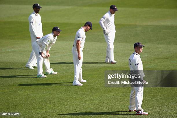 Jonathan Trott of Warwickshire fields at gully during his first senior appearance since the tour of Australia during the friendly match between...