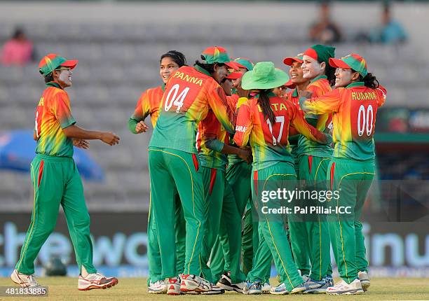 Jahanara Alam of Bangladesh celebrates the wicket of Hasini Perera of Sri Lanka during the ICC Women's World Twenty20 match between Bangladesh Women...