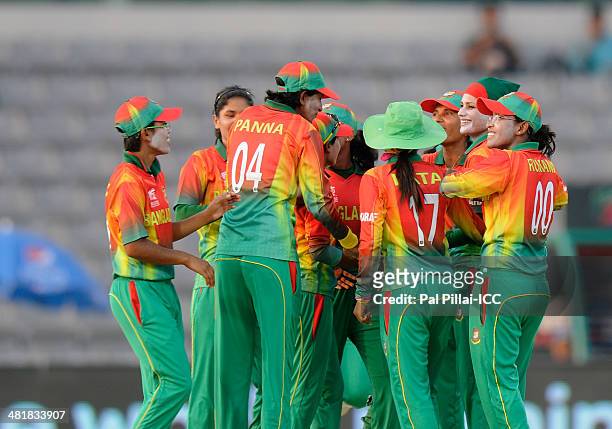 Jahanara Alam of Bangladesh celebrates the wicket of Hasini Perera of Sri Lanka during the ICC Women's World Twenty20 match between Bangladesh Women...