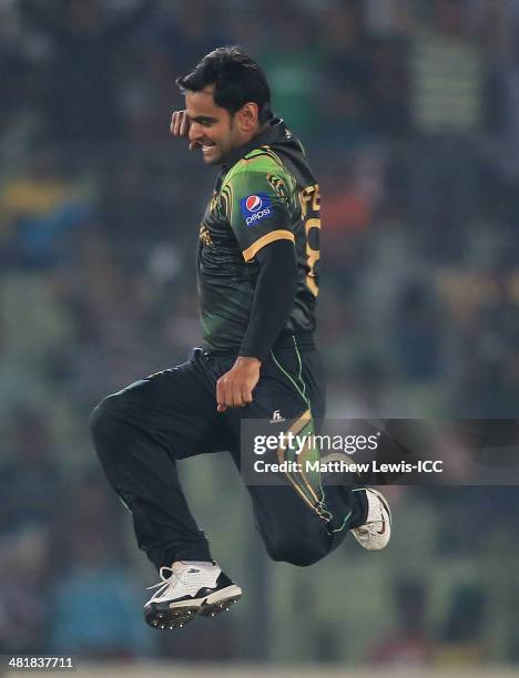 Mohammad Hafeez, captain of Pakistan celebrates the wicket of Chris Gayle of the West Indies, after he was stumped by Kamran Akmal during the ICC...