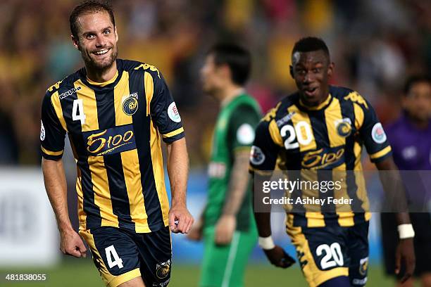 Marcel Siep and Bernie Ibini of the Mariners celebrate a goal during the Asian Champions League match between the Central Coast Mariners and Beijing...