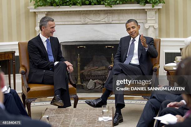 Norway's former Prime Minister Jens Stoltenberg and US President Barack Obama meet on October 20, 2011 in the White House in Washington, DC. On March...