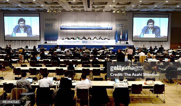 Chairman Rajendra Pachauri of the Intergovernmental Panel of Climate Change speaks during a press conference at Pacifico Yokohama on March 31, 2014...