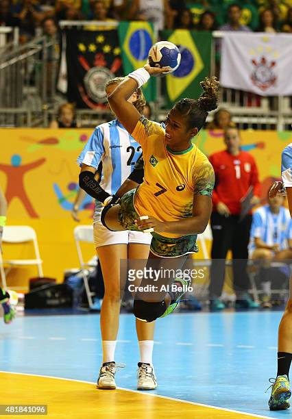 Tamires Araujo of Brazil shoots against Argentina during the Women's Handball Final at the Pan Am Games on July 24, 2015 in Toronto, Canada.