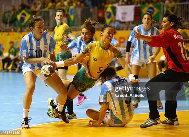 Daniela Piedade of Brazil shoots against Argentina during the Women's Handball Final at the Pan Am Games on July 24, 2015 in Toronto, Canada.