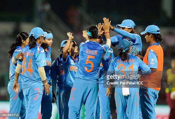 Poonam Yadav of India celebrates the wicket of Deandra Dottin of West Indies during the ICC Women's World Twenty20 match between West Indies Women...