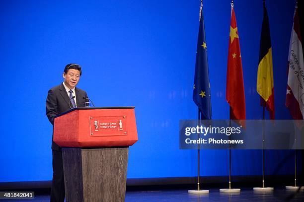 Chinese President Xi Jinping makes a speech at Concertgebouw Brugge as part of an official visit on April 1, 2014 in Brugge, Belgium.