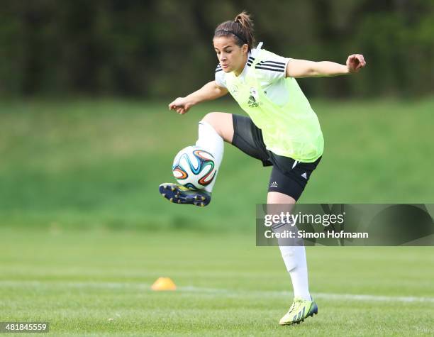 Lena Lotzen controls the ball during the Germany Women's Training Session on April 1, 2014 in Frankfurt am Main, Germany.