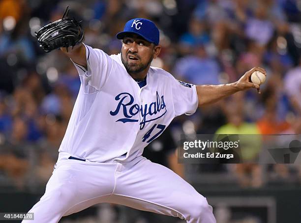 Franklin Morales of the Kansas City Royals throws in the eighth inning against the Houston Astros at Kauffman Stadium on July 24, 2015 in Kansas...