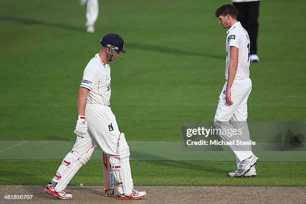 Jonathan Trott of Warwickshire walks after being dismissed lbw off the bowling of David Payne of Gloucestershire on his first senior appearance since...