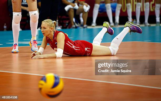 Anna Malova of Russia reacts after missing the ball during the final round match against the USA on day 3 of the FIVB Volleyball World Grand Prix on...