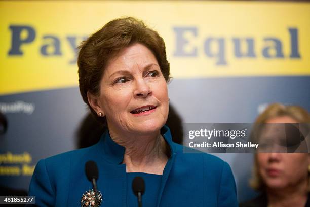 Sen. Jeanne Shaheen speaks during a press conference to urge Congress to pass the Paycheck Fairness Act, on Capitol Hill April 1, 2014 in Washington,...