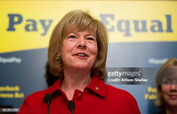 Sen. Tammy Baldwin speaks during a press conference to urge Congress to pass the Paycheck Fairness Act, on Capitol Hill April 1, 2014 in Washington,...