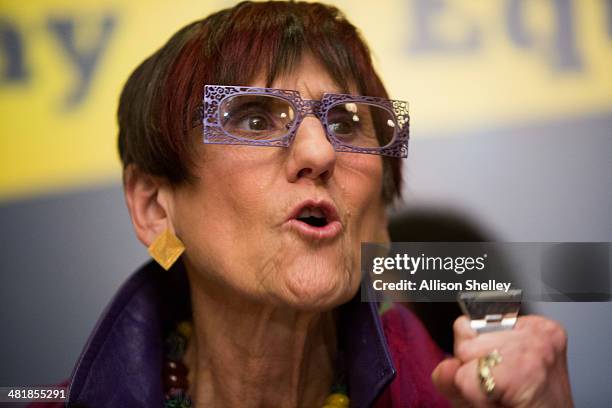 Rep. Rosa DeLauro expresses her frustration at current wage disparity during a press conference to urge Congress to pass the Paycheck Fairness Act,...