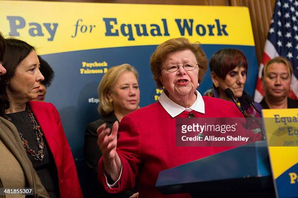 Sen. Barbara Mikulski speaks during a press conference to urge Congress to pass the Paycheck Fairness Act, on Capitol Hill April 1, 2014 in...