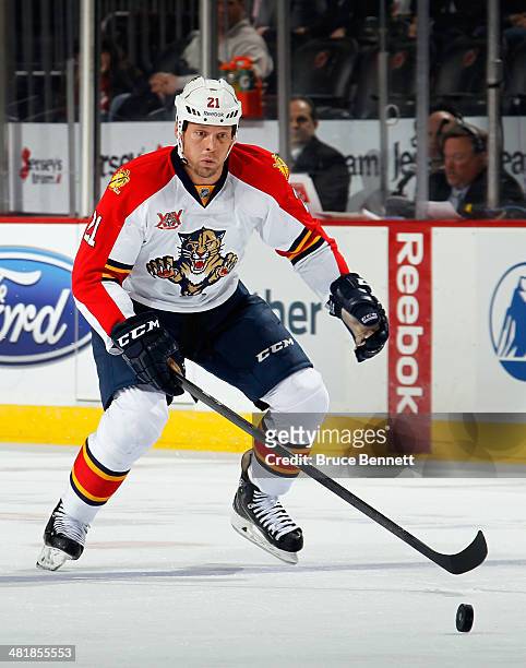 Krys Barch of the Florida Panthers skates against the New Jersey Devils at the Prudential Center on March 31, 2014 in Newark, New Jersey. The Devils...